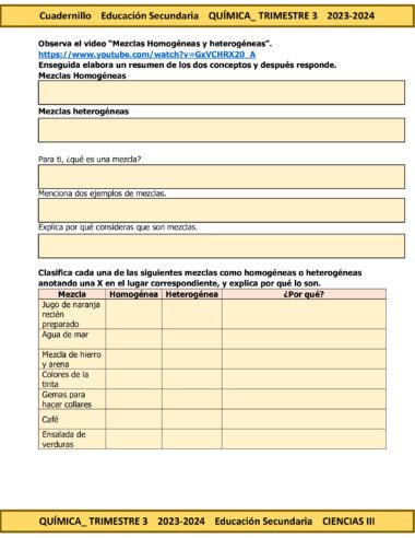 Una hoja de trabajo para TERCER TRIMESTRE Programa Analítico CIENCIAS III QUÍMICA Secundaria 3º (Ciclo Escolar 2023 – 2024) en una clase de QUÍMICA de educación secundaria, enfocada en mezclas homogéneas y heterogéneas. Contiene un enlace de YouTube, varias preguntas sobre mezclas y una tabla para clasificar y explicar varias mezclas como homogéneas o heterogéneas.