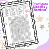 Colorea por pixeles con los elementos químicos 5 Hoja de trabajo para colorear que presenta una cuadrícula con un código de colores para los símbolos de los elementos químicos. La página incluye un borde decorativo, texto violeta que sugiere práctica e ilustraciones de estrellas. Texto en español que desea vacaciones científicas.