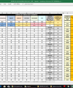 Un Informe de Calificaciones Automatizado Secundaria detallado se abre en la pantalla de una computadora y muestra una cuadrícula de datos con columnas de varios colores, incluidos los nombres de los estudiantes y los puntajes de evaluación numérica.