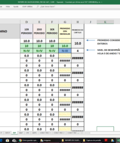Descripción: Un Reporte de Calificaciones Automatizado Secundaria en Excel que muestra una tabla de evaluación para estudiantes con columnas para nombre, períodos, total y una serie de casillas de verificación.