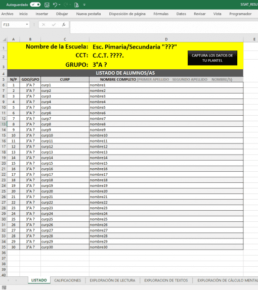 Una captura de pantalla de la hoja de cálculo Excel del Formato de Captura de Resultados SISAT denominada "Formato de Captura de Resultados SISAT". Incluye columnas para grupos, subgrupos y nombres con filas parcialmente llenas de datos bajo títulos como '3ºa/' seguido de 'curp1' a 'curp30'.