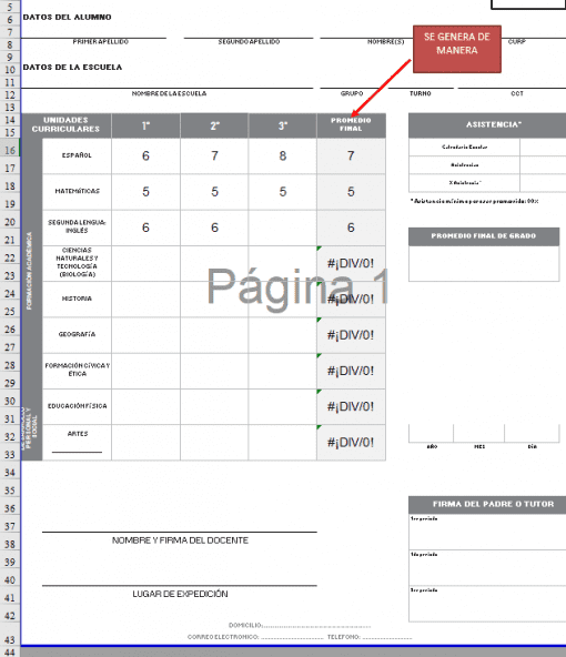 Una imagen de un "Formato Editable de Boleta 3ro Secundaria" en español con secciones de datos personales, materias y calificaciones, asistencia y firmas de maestros y padres, todo incompleto excepto por un texto de marca de agua que dice "página 6.