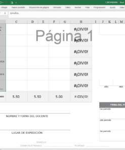 Una captura de pantalla de una Boleta Editable de 1ro de Secundaria con múltiples columnas y filas llenas en español, indicando categorías como nivel educativo 