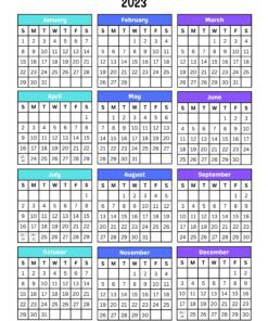 Un planificador imprimible para profesores | 2023-2024 con cada mes mostrado en formato de cuadrícula. Las semanas van de domingo a sábado. Los meses están codificados por colores: enero, abril, julio y octubre en verde azulado; febrero, mayo, agosto y noviembre en azul; Marzo, junio, septiembre y diciembre en morado.