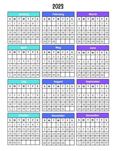 Un planificador imprimible para profesores | 2023-2024 con cada mes mostrado en formato de cuadrícula. Las semanas van de domingo a sábado. Los meses están codificados por colores: enero, abril, julio y octubre en verde azulado; febrero, mayo, agosto y noviembre en azul; Marzo, junio, septiembre y diciembre en morado.