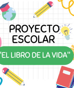 Un fondo de cuadrícula presenta el texto “Proyecto Escolar 'El Libro de la Vida'” en español. Alrededor del texto hay coloridas ilustraciones de lápices, una bombilla, un birrete de graduación en un globo terráqueo y varios útiles escolares. Este vibrante arreglo resalta la esencia de un atractivo **Proyecto Escolar 