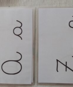 Tarjetas didácticas que muestran las letras cursivas mayúsculas y minúsculas "A" y "a" en la tarjeta superior, y las letras cursivas mayúsculas y minúsculas "Z" y "z" en la tarjeta inferior, colocadas sobre una superficie blanca. Estas tarjetas Abecedario imprimible letra ligada método alfabético son perfectas para enseñar el método alfabético.