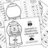 Hojas de trabajo imprimibles en blanco y negro para aprender y escribir los números del 1 al 100 en español, con una máquina de chicles con un búho, palabras numéricas, numerales y actividades para colorear.