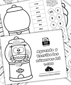 Hojas de trabajo imprimibles en blanco y negro para aprender y escribir los números del 1 al 100 en español, con una máquina de chicles con un búho, palabras numéricas, numerales y actividades para colorear.