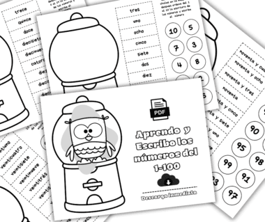 Hojas de trabajo imprimibles en blanco y negro para aprender y escribir los números del 1 al 100 en español, con una máquina de chicles con un búho, palabras numéricas, numerales y actividades para colorear.