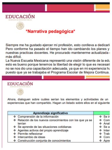 Dos capturas de pantalla de un documento de la Secretaría de Educación Pública titulado "Narrativa pedagógica". El texto aborda las prácticas pedagógicas y el aprendizaje significativo, con una lista de viñetas de actividades de aprendizaje.