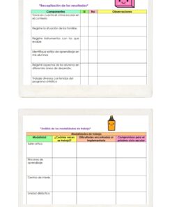 Dos coloridas tablas en español sobre fondo blanco. La primera tiene el icono de una cara sonriente rosa y columnas para componentes, sí/no y observaciones. La segunda tiene un icono de una botella sonriente naranja y enumera las modalidades de trabajo y las estrategias de aplicación.