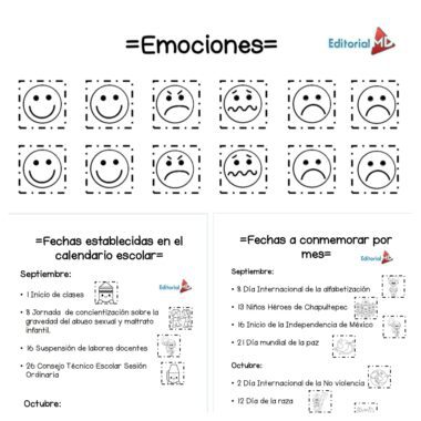 Un gráfico titulado "Emociones" muestra 12 caras que muestran diferentes emociones. Debajo hay dos listas de fechas importantes del calendario escolar y meses conmemorativos, con pequeños iconos junto a cada entrada. El logotipo de Editorial MD aparece en dos lugares.