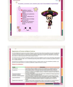 Dos diapositivas de presentación en español. La primera presenta una lista de control rosa de acciones comunitarias con un personaje de dibujos animados que lleva un sombrero. La segunda tiene un cuadro de texto detallado sobre los procesos de mejora continua. Ambas tienen bordes de colores.