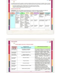 Dos diapositivas en español que muestran gráficos educativos. La primera diapositiva detalla los objetivos, problemas y estrategias de aprendizaje. La segunda diapositiva presenta una tabla con los temas de la sesión, las actividades y los criterios de evidencia para la educación básica.