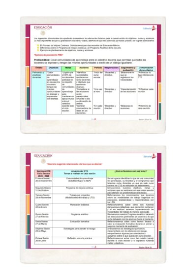 Dos diapositivas en español que muestran gráficos educativos. La primera diapositiva detalla los objetivos, problemas y estrategias de aprendizaje. La segunda diapositiva presenta una tabla con los temas de la sesión, las actividades y los criterios de evidencia para la educación básica.