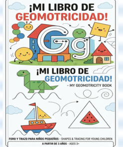 La portada de Mi libro de Geomotricidad muestra vibrantes formas geométricas, un dinosaurio, una casa y líneas de trazado para fomentar las primeras habilidades de Geomotricidad en niños mayores de 3 años.