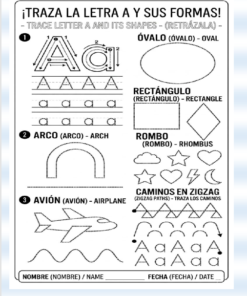 Hoja de trabajo de Mi libro de Geomotricidad para trazar la letra A, formas (óvalo, rectángulo, arco, rombo), avión y trayectorias en zigzag; incluye A mayúscula/minúscula y etiquetas bilingües (español/inglés).