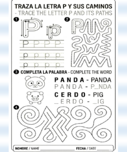 Hoja de trabajo de Mi libro de Geomotricidad para trazar la letra P: incluye trazado de mayúsculas y minúsculas, líneas patrón, completar 