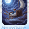 Niño en pijama, desde una cama con remos y vela, que navega por el cielo nocturno bajo la luna llena. Texto: «Cada noche, en cuanto se oye el “clic” del interruptor...».