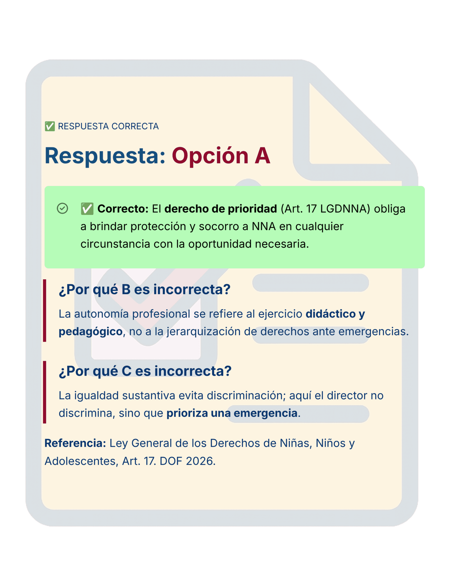 Guía de Estudio HORAS ADICIONALES HISTORIA Educación Secundaria- USICAMM 2026 - 2027 + (Simulador 90 Reactivos) 17 Un gráfico muestra una pregunta de un cuestionario sobre los derechos del niño, destacando la "Opción A" como respuesta correcta. Explica el concepto de "derecho de prioridad" y por qué otra opción es incorrecta, con texto en recuadros de color.