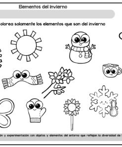 Ficha en blanco y negro con varios dibujos: sol, pingüino, nube con lluvia, bufanda, gorro, taza, mariposa, copo de nieve, manopla y flores. Las instrucciones piden colorear sólo los elementos invernales.