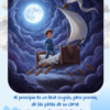 Un niño en pijama sobre su cama, convertida en un barco con remos y mástil, navegando por un cielo estrellado a la luz de la luna.