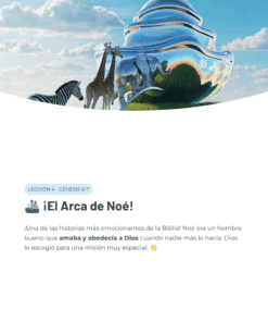 Cuatro animales -una jirafa, una cebra y dos antílopes- de pie delante de una gran estructura reflectante e iridiscente con forma de arca, bajo un cielo azul con nubes. A continuación aparece un texto en español sobre el Arca de Noé.