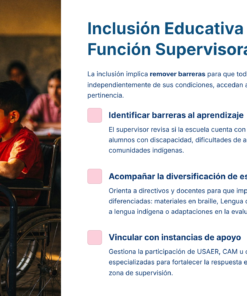 Guía de Estudio PROMOCIÓN HORIZONTAL SUPERVISIÓN – USICAMM 2026 – 2027 + (Simulador 90 Reactivos) 28 Un profesor ayuda a un joven alumno en su pupitre de una clase, mientras otros niños trabajan al fondo. A la derecha, texto en español sobre la inclusión educativa y el papel de las funciones de supervisión.