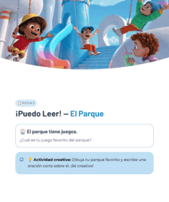 Tres niños animados juegan alegremente en toboganes de colores en un parque mientras otro bebe una bebida. Abajo, una actividad de lectura en español pregunta por los juegos favoritos del parque y sugiere dibujar y escribir sobre un parque favorito.