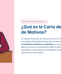 Paquete Promoción a SUPERVISOR ESCOLAR – Educación Media Superior (Carta de Exposición de Motivos + Plan de Mejora Continua + Guía EMS) EMS BACHILLERATO 2026–2027 27 Una mujer ilustrada con pelo rosa y traje escribe en un papel. Junto a ella, un texto en español explica el propósito de una