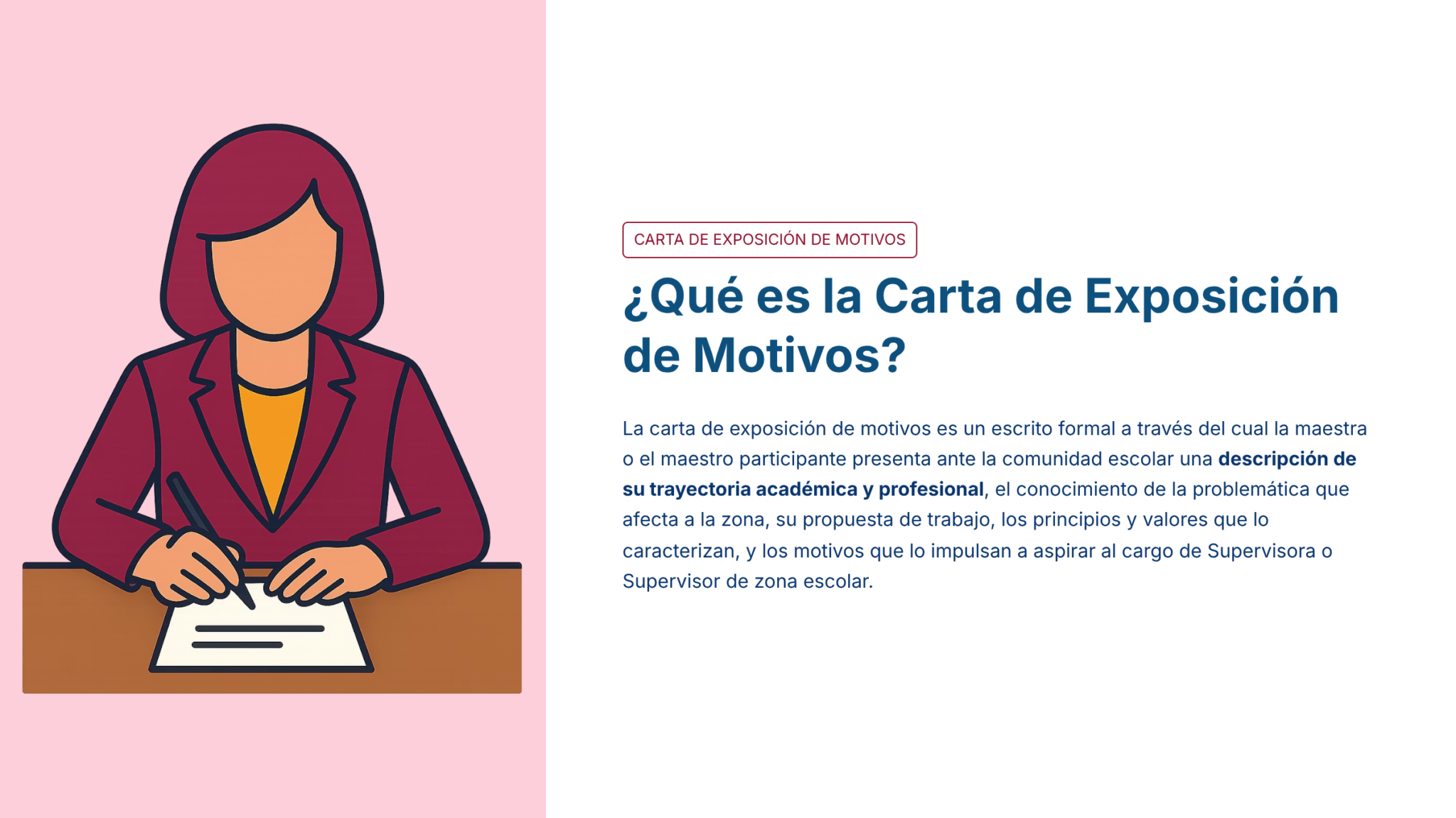 Paquete Promoción a SUPERVISOR ESCOLAR – Educación Media Superior (Carta de Exposición de Motivos + Plan de Mejora Continua + Guía EMS) EMS BACHILLERATO 2026–2027 7 Una mujer ilustrada con pelo rosa y traje escribe en un papel. Junto a ella, un texto en español explica el propósito de una "Carta de Exposición de Motivos", una carta formal en la que se exponen los logros profesionales y las razones para solicitar un puesto de supervisión escolar.