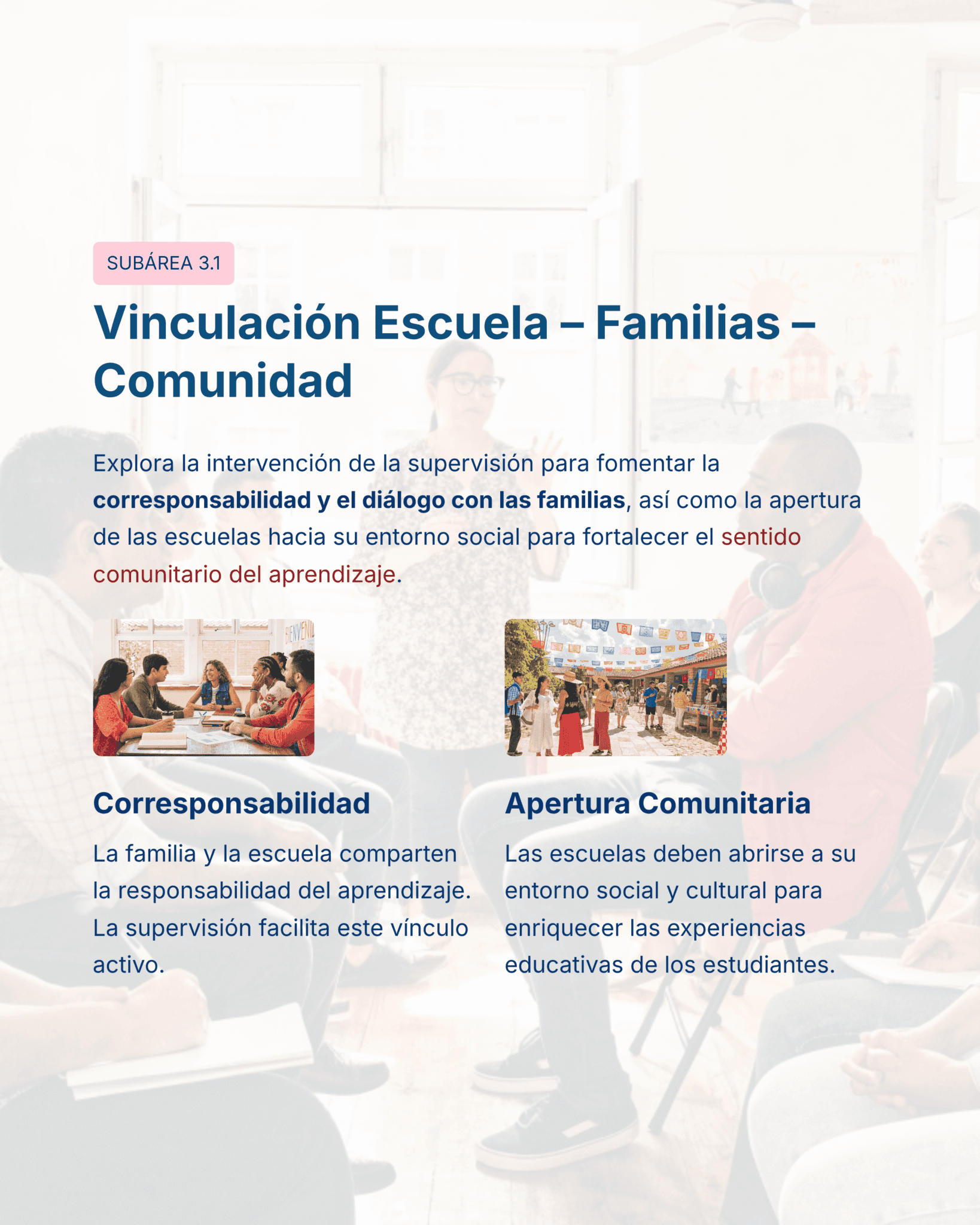 Guía de Apoyo Promoción Vertical Función SUPERVISORES - USICAMM 2026 - 2027 + (Simulador 90 Reactivos) 14 Un grupo de adultos sentados en círculo manteniendo un debate; un texto superpuesto en español explica la importancia del compromiso entre la escuela, la familia y la comunidad, la corresponsabilidad y la apertura comunitaria en la educación.