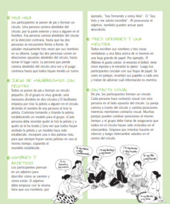 Una página bilingüe de la Colección de 100 Juegos y dinámicas grupales que muestra el texto en dos columnas con el español a la izquierda y la correspondiente traducción al inglés a la derecha. El encabezado de la página incluye el título del libro, 