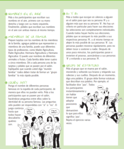 Esta imagen muestra dos páginas de un folleto educativo en español. La página de la izquierda presenta un tema sobre apellidos, mientras que la página de la derecha describe una actividad de discusión en el aula, acompañada de ilustraciones relevantes y burbujas de texto. Además, incluye Colección de 100 Juegos y dinámicas grupales para mejorar el aprendizaje.