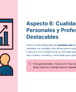 Una mujer presenta un gráfico de barras ascendentes a tres personas sentadas. Junto a la ilustración, un texto explica cómo destacar las cualidades personales y profesionales con ejemplos, y aconseja evitar afirmaciones vagas en las solicitudes de empleo.
