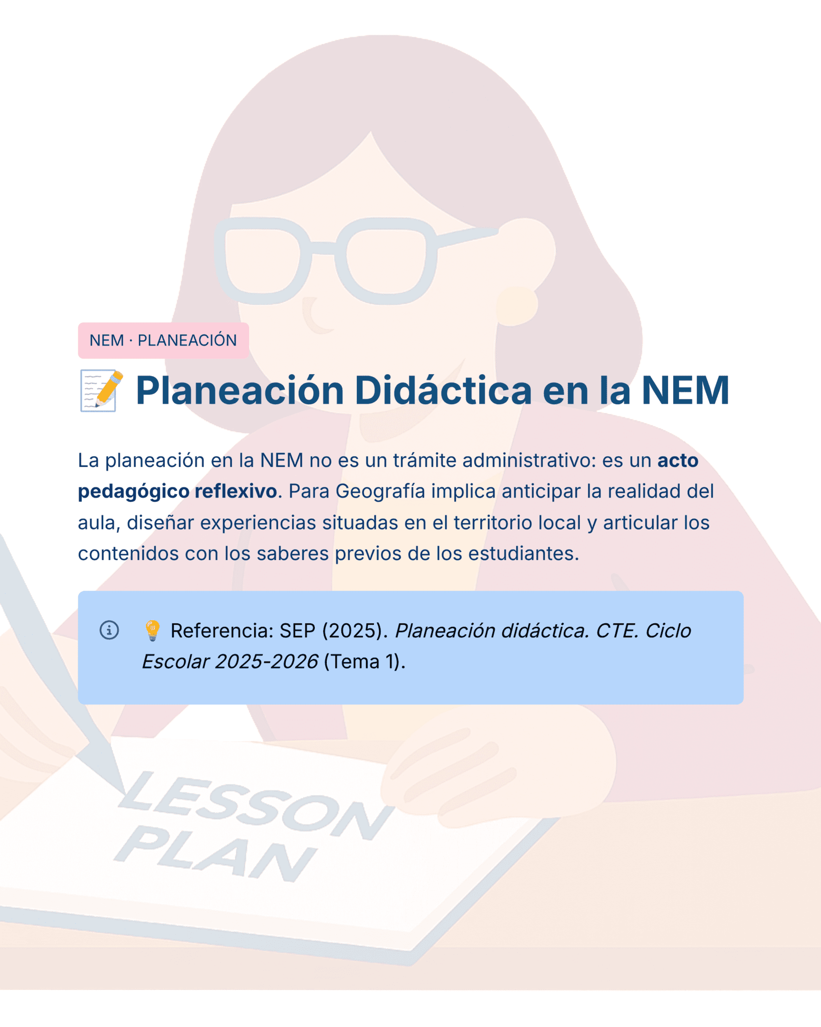 Guía de Estudio HORAS ADICIONALES GEOGRAFÍA Educación Secundaria- USICAMM 2026 - 2027 + (Simulador 90 Reactivos) 5 Ilustración de una mujer con gafas que sostiene un lápiz y escribe "PLAN DE LECCIÓN" en un cuaderno. Texto sobre la planificación didáctica en el NEM de Geografía superpuesto, destacando las acciones pedagógicas reflexivas.
