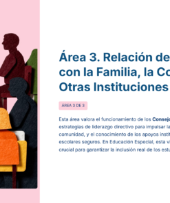 Ilustración de dos grupos de personas sentadas hablando entre sí, acompañada de un texto en español sobre la relación entre la escuela, las familias, la comunidad y otras instituciones en el contexto de los consejos de participación escolar.