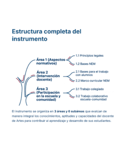 Diagrama que muestra la estructura completa de un instrumento educativo, organizado en 3 áreas: aspectos jurídicos, intervención docente y participación de la escuela y la comunidad, cada una de ellas con dos subáreas específicas enumeradas.