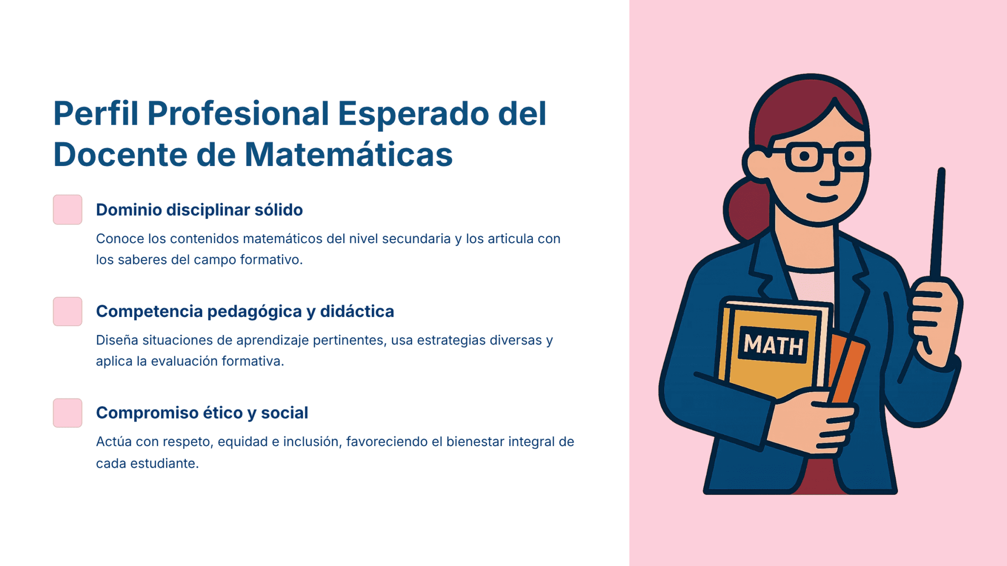 Guía de Estudio HORAS ADICIONALES MATEMÁTICAS Educación Secundaria- USICAMM 2026 - 2027 + (Simulador 90 Reactivos) 13 Ilustración de una mujer con gafas que sostiene un libro de texto titulado "Matemáticas" y un puntero. A su lado, un texto describe el perfil profesional que se espera de un profesor de matemáticas, incluidos los conocimientos sobre la materia, las aptitudes pedagógicas y el compromiso ético.