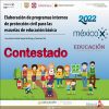 Un folleto educativo del gobierno de la Ciudad de México que detalla el Curso Elaboración de programas internos de protección Civil Contestado para escuelas de educación básica. El folleto presenta divertidas ilustraciones de niños y adultos en diversas actividades, con un destacado "Contestado".
