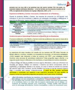 Un documento en español con un cuarto de página visible. Incluye encabezados, viñetas y secciones en color que presentan diversos temas y experiencias educativas. El pie de página contiene una barra azul con un logotipo y un icono de un libro o publicación.