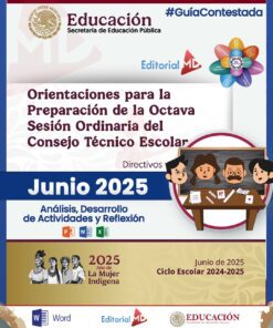 Portada de una guía educativa para líderes escolares con el logotipo de la Secretaría de Educación Pública de México, el título de la sesión y gráficos de docentes en un escritorio. Se centra en las actividades de junio de 2025 y el Año de las Mujeres Indígenas.