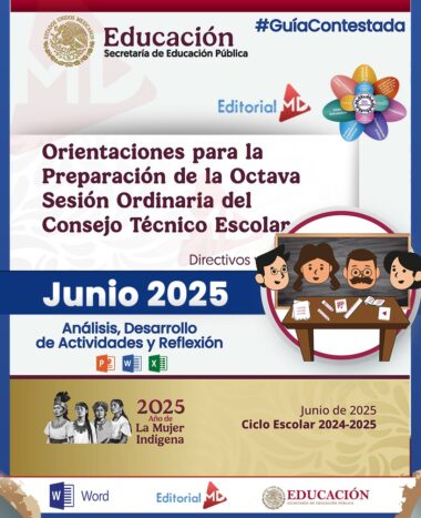 Portada de una guía educativa para líderes escolares con el logotipo de la Secretaría de Educación Pública de México, el título de la sesión y gráficos de docentes en un escritorio. Se centra en las actividades de junio de 2025 y el Año de las Mujeres Indígenas.