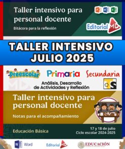Folleto digital en color para un taller intensivo para profesores en julio de 2025, que abarca la educación preescolar, primaria y secundaria. Incluye logotipos, fechas del taller (17 y 18 de julio) y menciones de análisis de actividades y apoyo educativo.