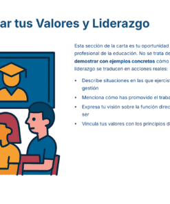 Paquete Promoción a DIRECTOR ESCOLAR – Educación Media Superior (Carta de Exposición de Motivos + Plan de Mejora Continua + Guía EMS) EMS BACHILLERATO 2026–2027 28 Ilustración de un profesor hablando con dos alumnos en un aula, con el icono de un birrete de graduación en una pizarra. El texto explica cómo expresar los valores y el liderazgo en la educación con ejemplos prácticos y acciones.