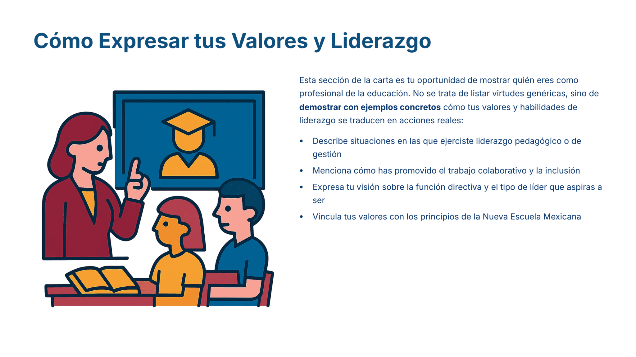 Paquete Promoción a DIRECTOR ESCOLAR – Educación Media Superior (Carta de Exposición de Motivos + Plan de Mejora Continua + Guía EMS) EMS BACHILLERATO 2026–2027 8 Ilustración de un profesor hablando con dos alumnos en un aula, con el icono de un birrete de graduación en una pizarra. El texto explica cómo expresar los valores y el liderazgo en la educación con ejemplos prácticos y acciones.