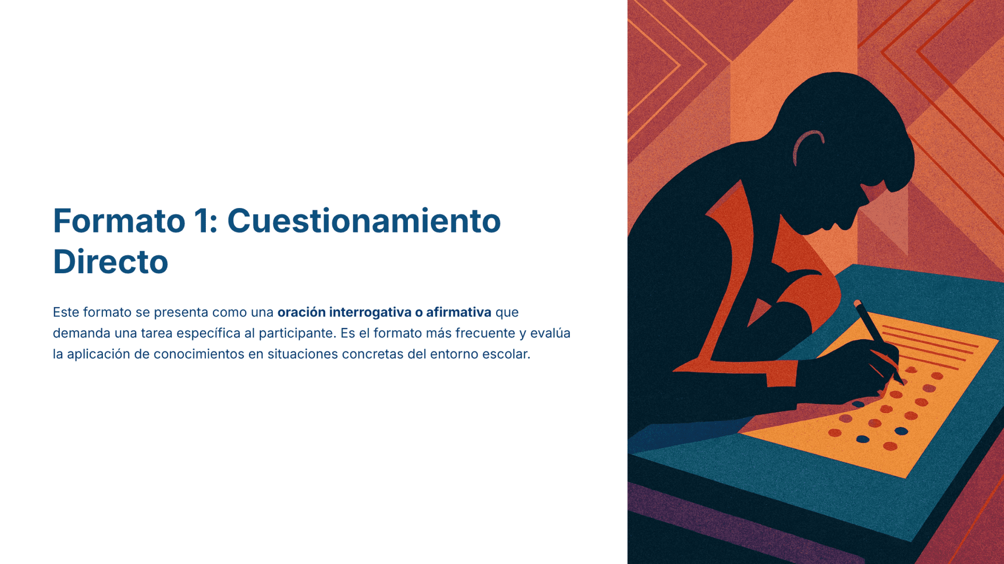 Guía de Estudio HORAS ADICIONALES CIENCIAS QUÍMICA Educación Secundaria- USICAMM 2026 – 2027 + (Simulador 90 Reactivos) 5 Ilustración estilizada de un estudiante rellenando las respuestas de una hoja de examen con un lápiz, junto a un texto sobre el "Formato 1: Cuestionamiento Directo" en español, que explica el formato de evaluación de cuestionamiento directo.