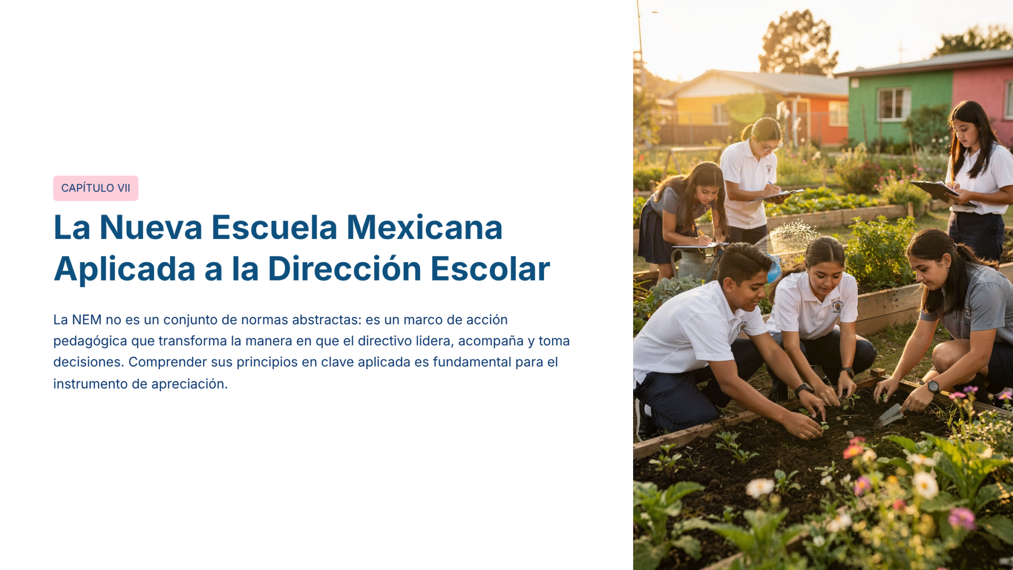 Guía de Estudio PROMOCIÓN HORIZONTAL Educación SECUNDARIA – USICAMM 2026 – 2027 + (Simulador 90 Reactivos) 5 Un grupo de alumnos y un profesor trabajan juntos en un huerto escolar, cuidando las plantas. A la izquierda, un texto en español presenta "La Nueva Escuela Mexicana Aplicada a la Dirección Escolar.