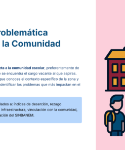 Paquete Promoción a SUPERVISOR ESCOLAR – Educación Media Superior (Carta de Exposición de Motivos + Plan de Mejora Continua + Guía EMS) EMS BACHILLERATO 2026–2027 28 Gráfico con texto sobre problemas detectados en una comunidad escolar. A la derecha, un edificio escolar ilustrado y cuatro alumnos. A la izquierda, un recuadro invita a considerar cuestiones como las tasas de abandono escolar y los problemas de infraestructura.
